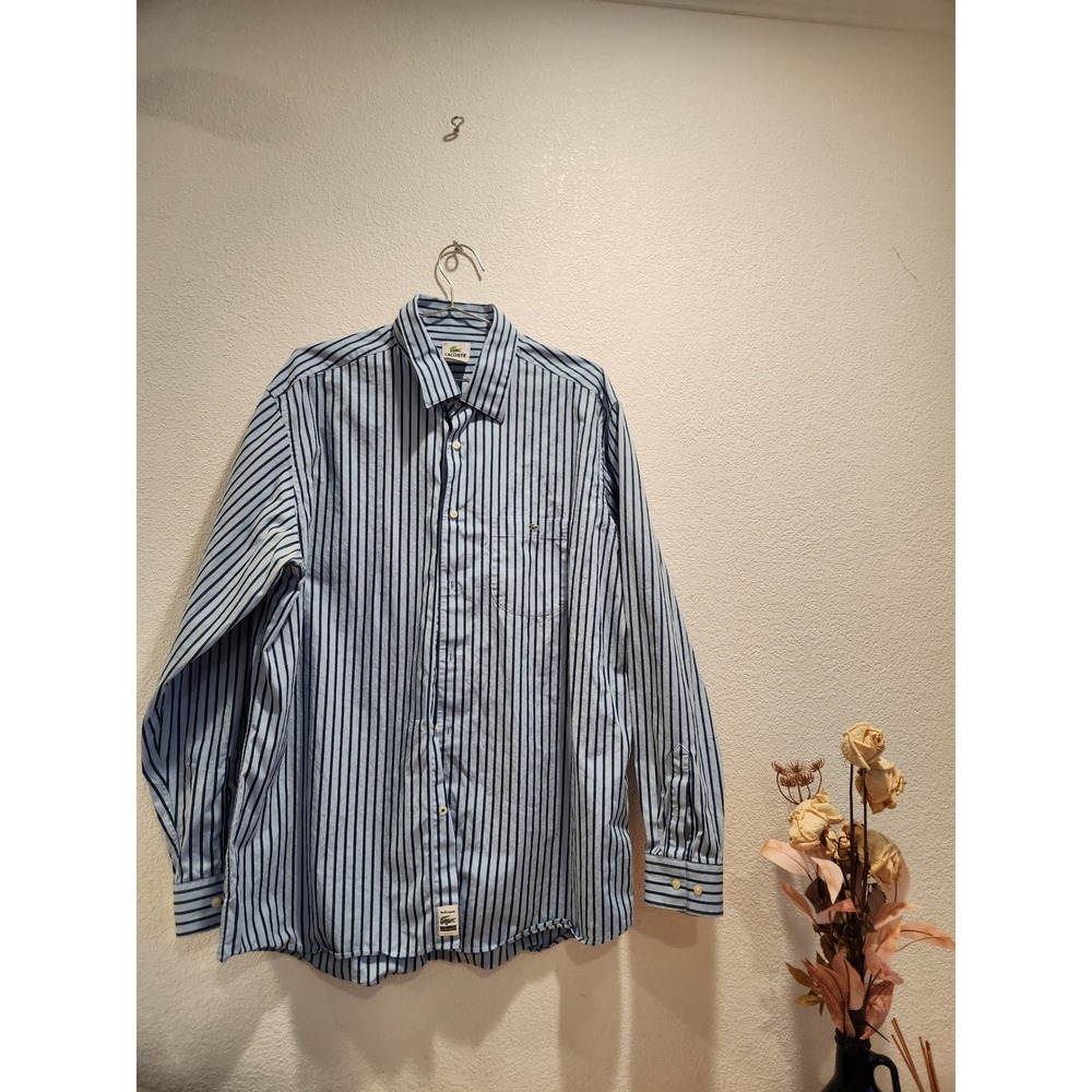 Lacoste Striped Long‎ Sleeve Shirt Men 46 Large Blue White Cotton Vintage L 80s